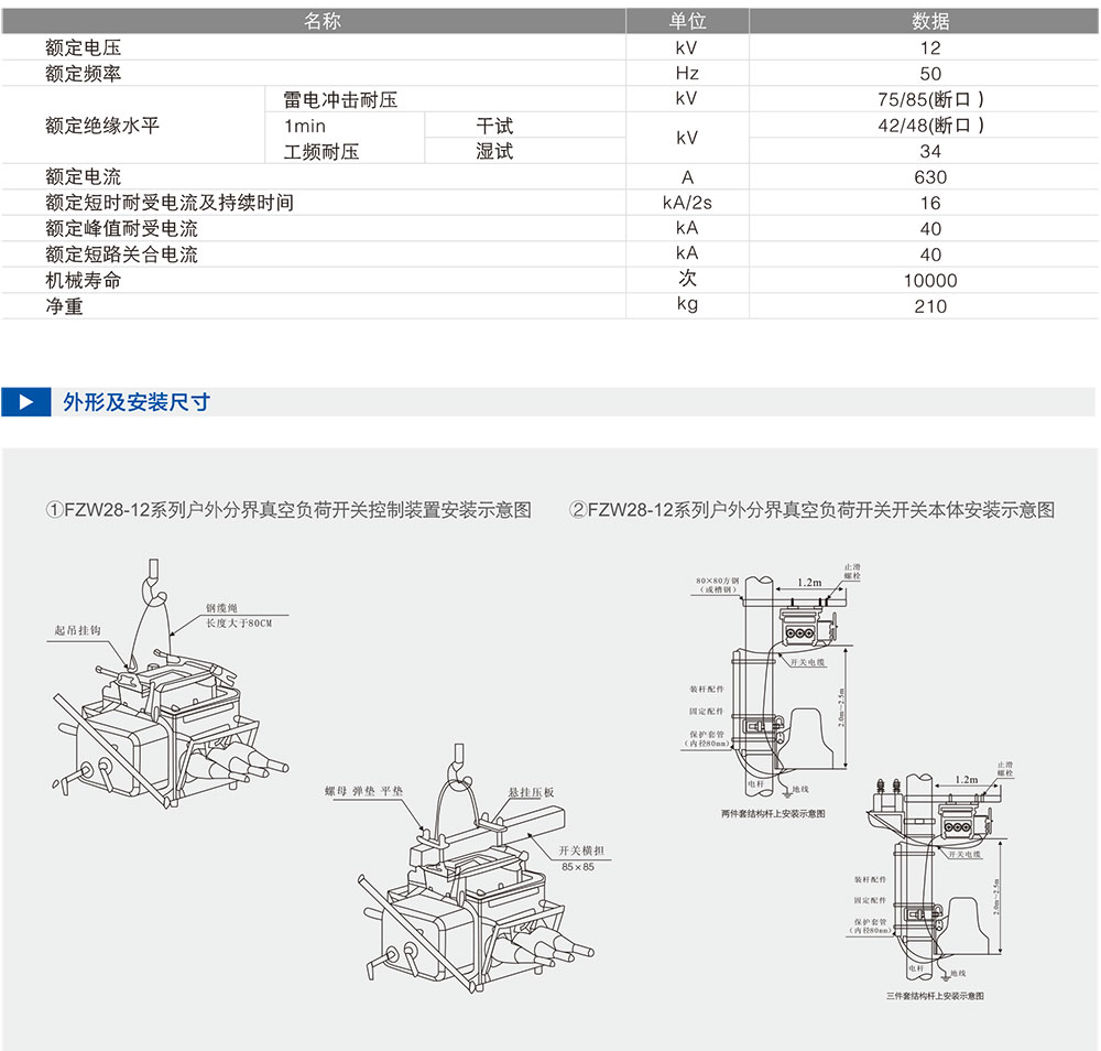 主要技术参数、外形及安装尺寸图